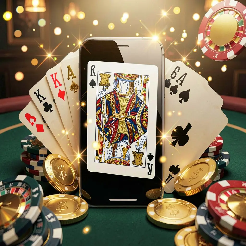 С8800 mobile gaming application concept showing a smartphone surrounded by playing cards, roulette chips, gold coins, and sparkling lights in a premium casino style