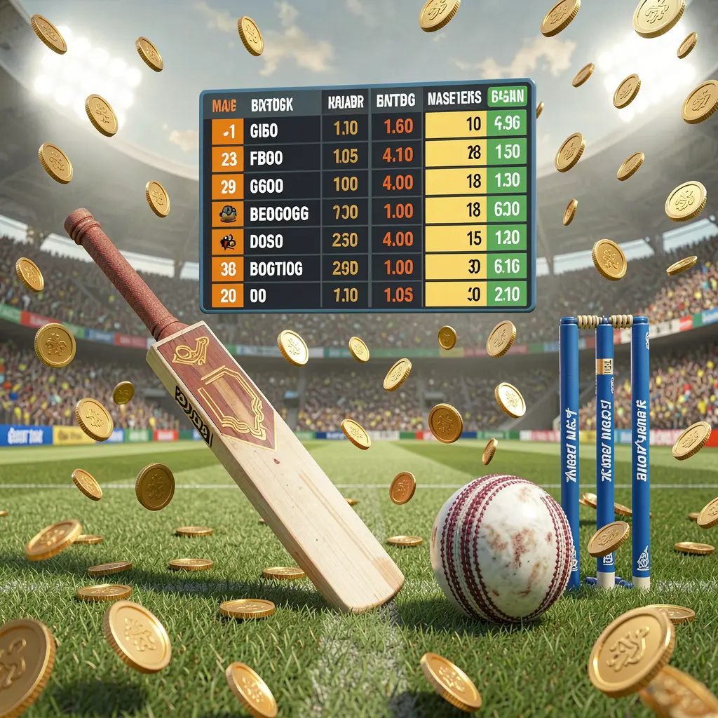 Realistic 3D illustration of a sports betting page featuring a cricket bat, cricket ball, and wickets on stadium grass with floating betting odds interface and golden coins flying, showcasing С8800 brand