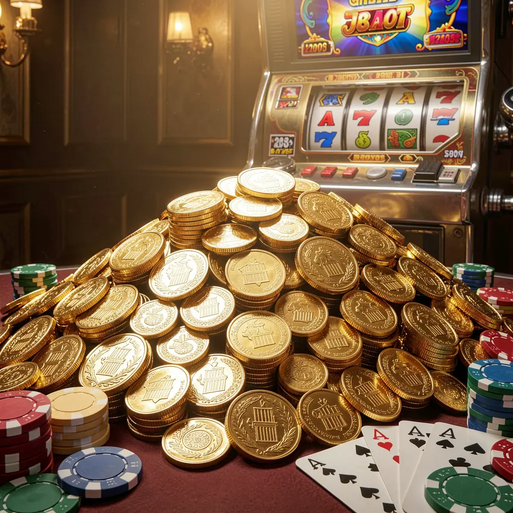 С8800 jackpot bonus scene featuring a huge pile of golden coins, a slot machine in the background, poker chips, and playing cards under cinematic luxury lighting