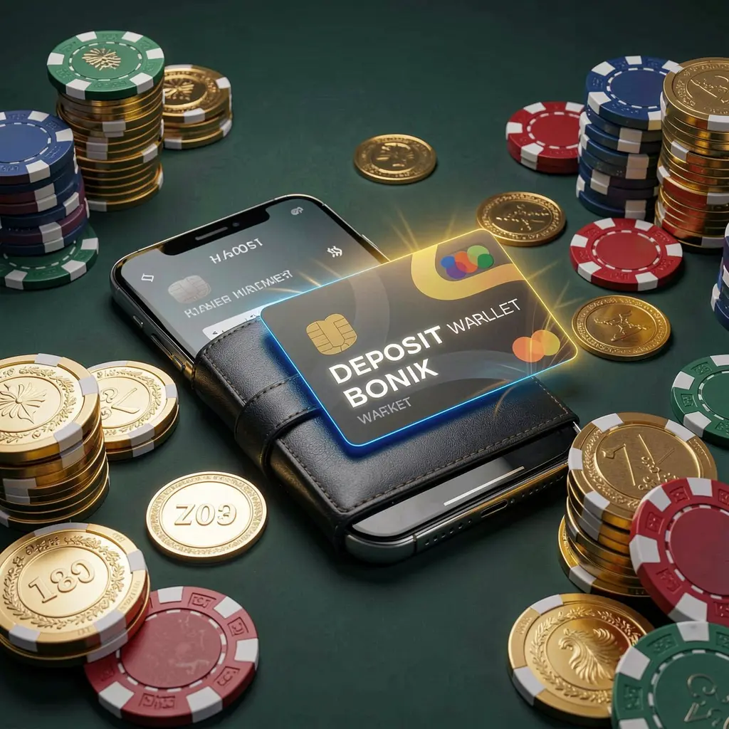 С8800 deposit bonus concept showing a smartphone wallet with a glowing payment card, surrounded by golden coins and poker chips in a modern mobile casino style