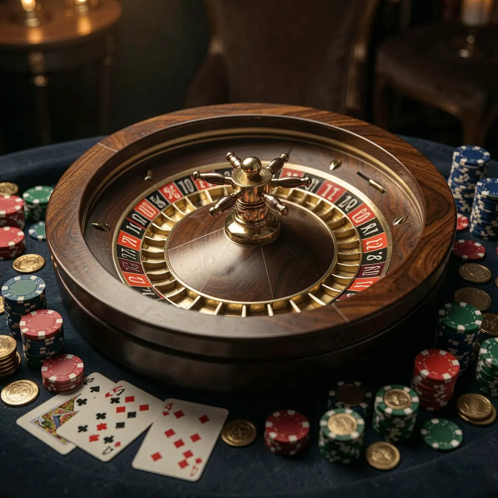 Classic casino scene featuring a spinning roulette wheel, scattered chips, cards, and coins on a table with elegant dark background and cinematic lighting, showcasing the С8800 brand atmosphere