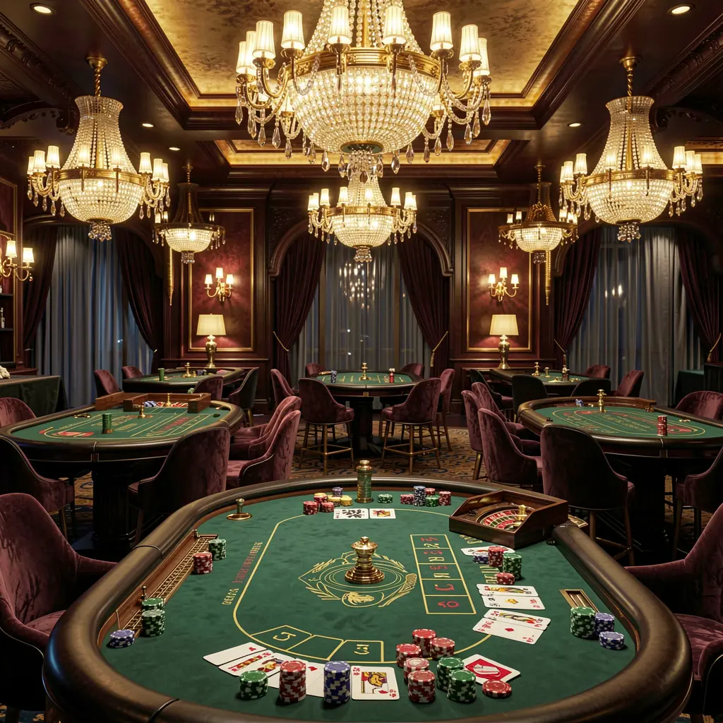 С8800 high-end casino lobby featuring golden lights, roulette tables, chips, and cards with an elegant premium design against a dark cinematic background in an ultra detailed 3D render