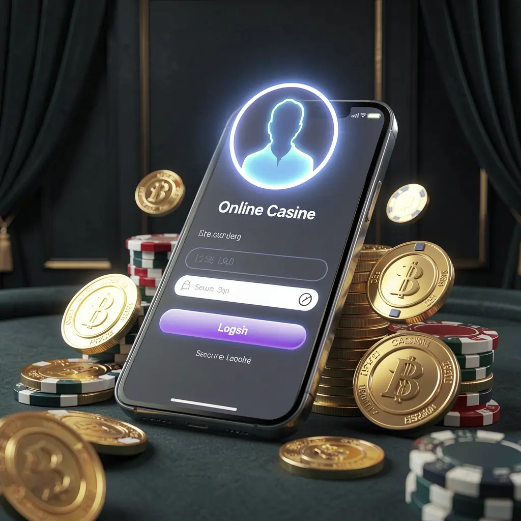 С8800 online casino login page hero banner featuring a modern smartphone with a secure login screen, glowing user profile icon, golden coins and poker chips surrounding it on a dark luxury background