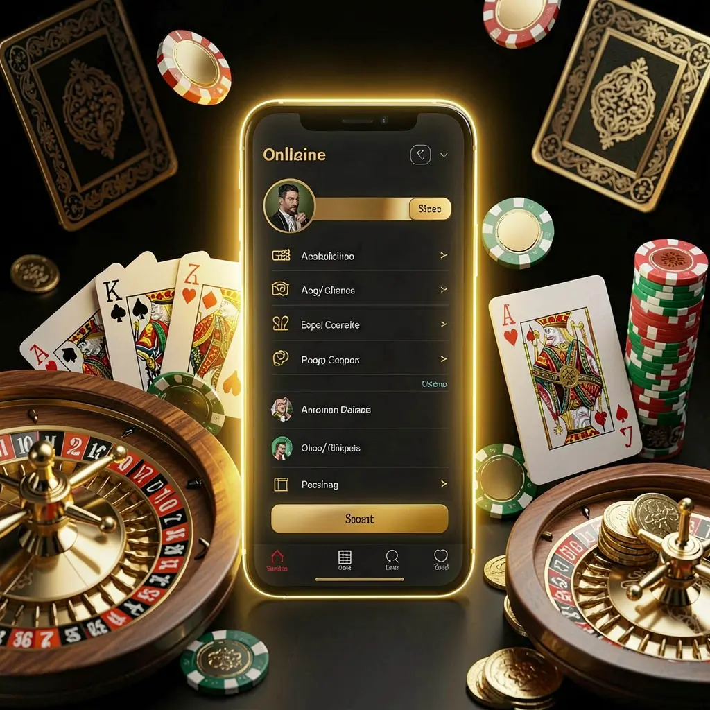 С8800 online casino account portal visual featuring a glowing smartphone, premium cards, chips, roulette wheel, and coins against a black and gold background with cinematic lighting in a realistic 3D render